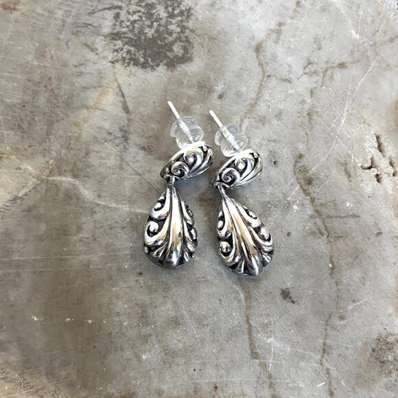 Sterling Silver 925 1" Scrollwork Dot Teardrop Pierced Dangle Drop Earrings - Picture 7 of 16